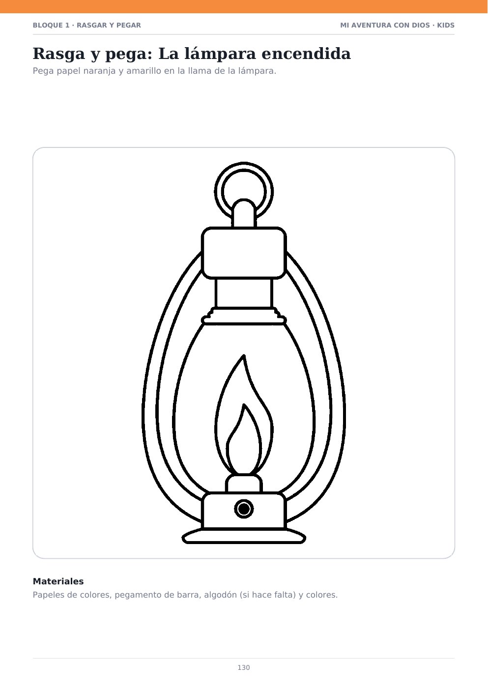 Rasga y pega: la lámpara encendida — página interior del libro de actividades cristianas para niños